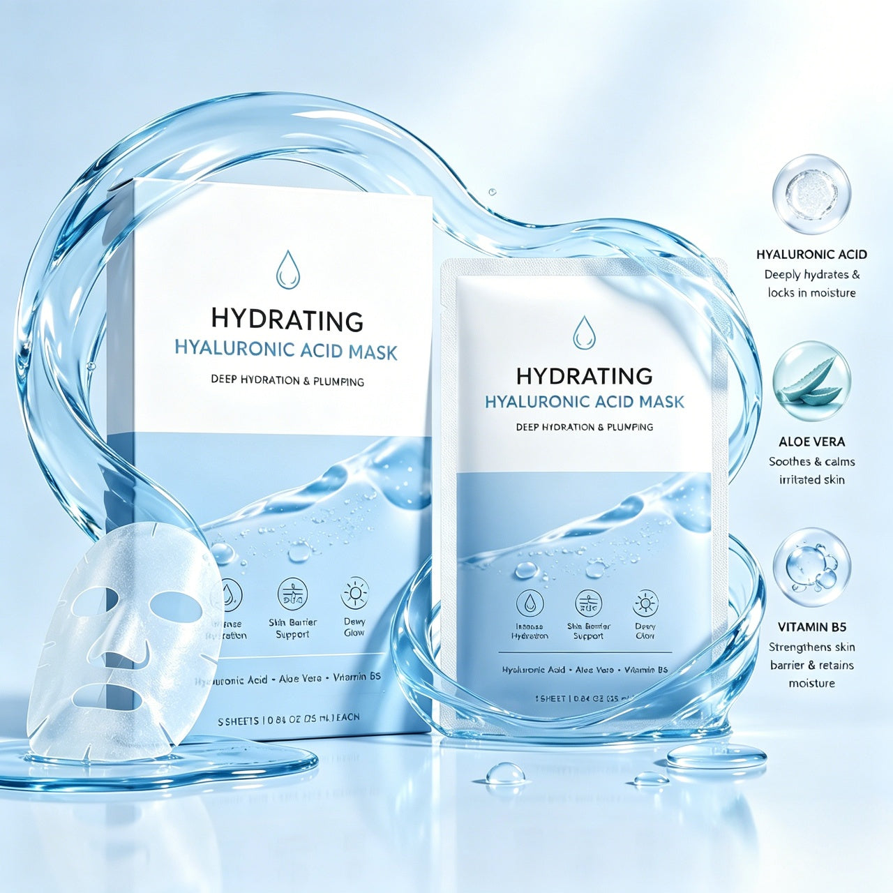 Masque Visage Hydratant à l’Acide Hyaluronique – Soin Hydratant pour une Peau Douce et un Éclat Frais et Naturel