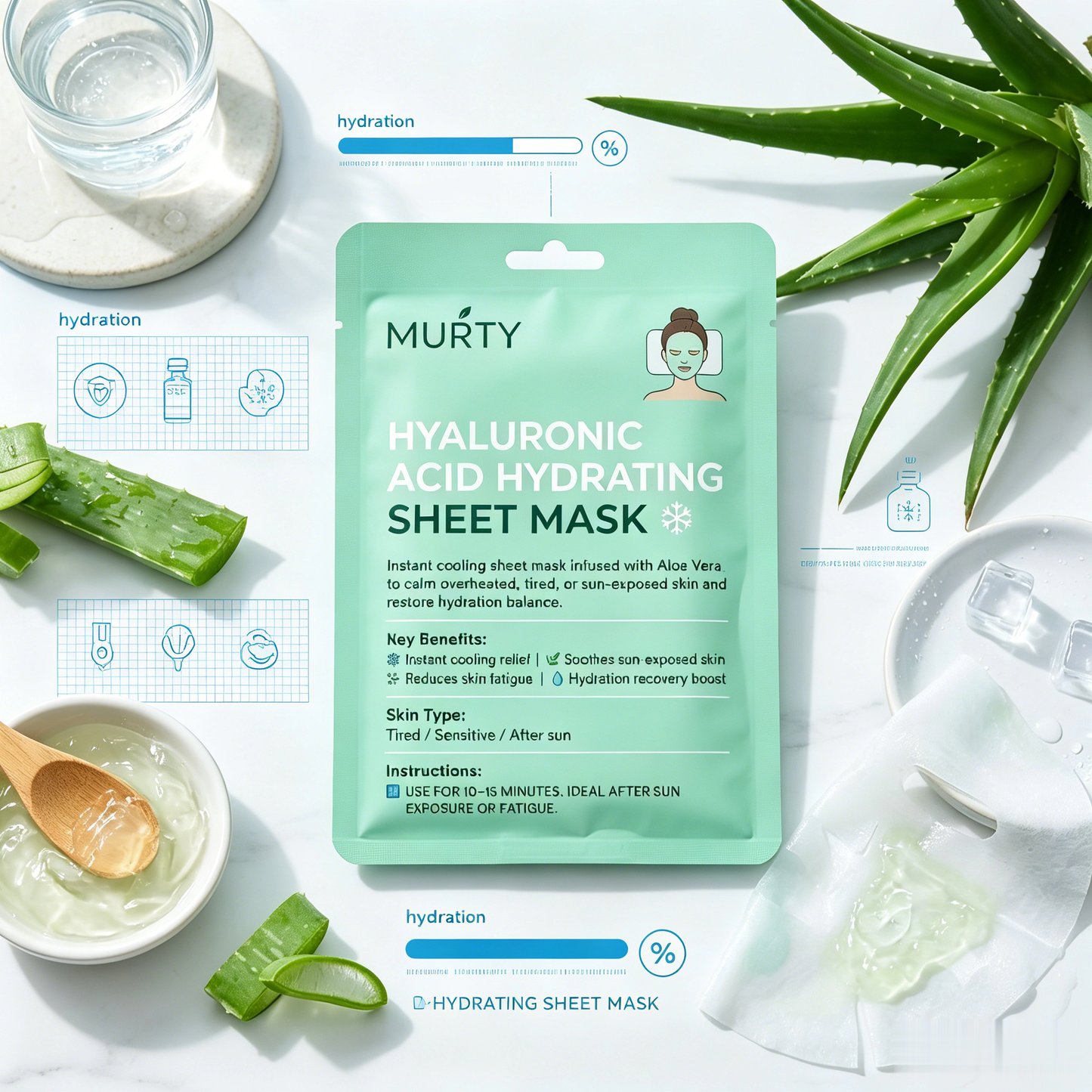 MURTY Masque Visage en Tissu Aloe Vera & Acide Hyaluronique – Soin Hydratant Intense pour une Peau Fraîche et Confortable