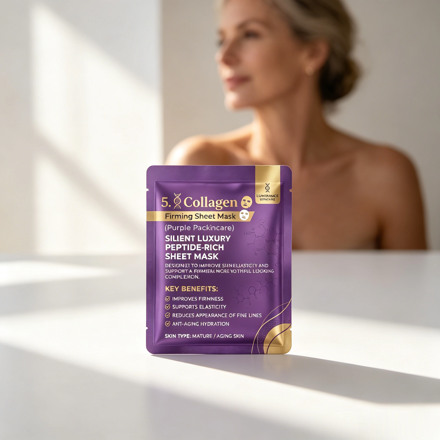 LUMINANCE SKINCARE Masque Visage en Tissu Collagène & Peptides 5X – Soin Hydratant et Raffermissant pour une Peau Visiblement Plus Lisse